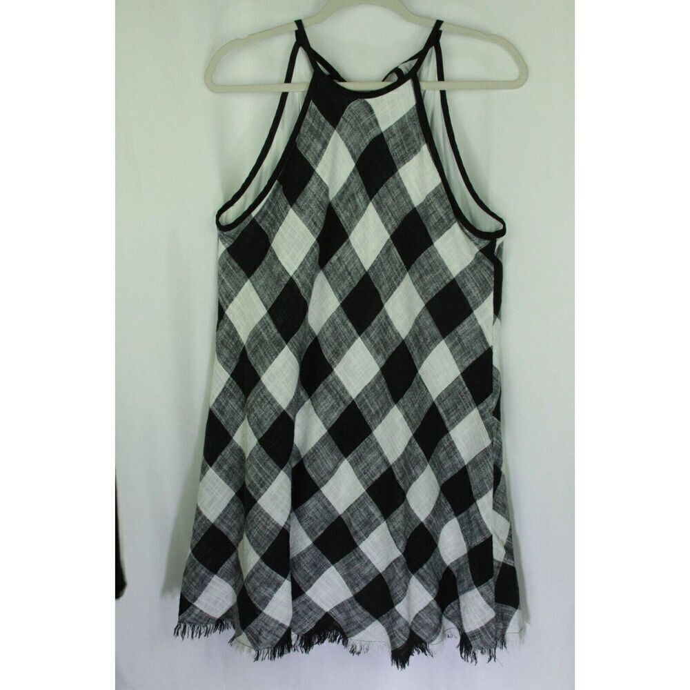 Bella Dahl Anthropologie Linen Gingham Halter vacation Dress Fringe Hem Size M
